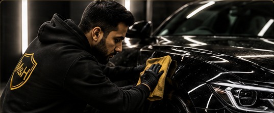 Detailing technician carefully cleaning the exterior of a black luxury car