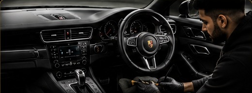 detailing technician cleaning a luxury car interior